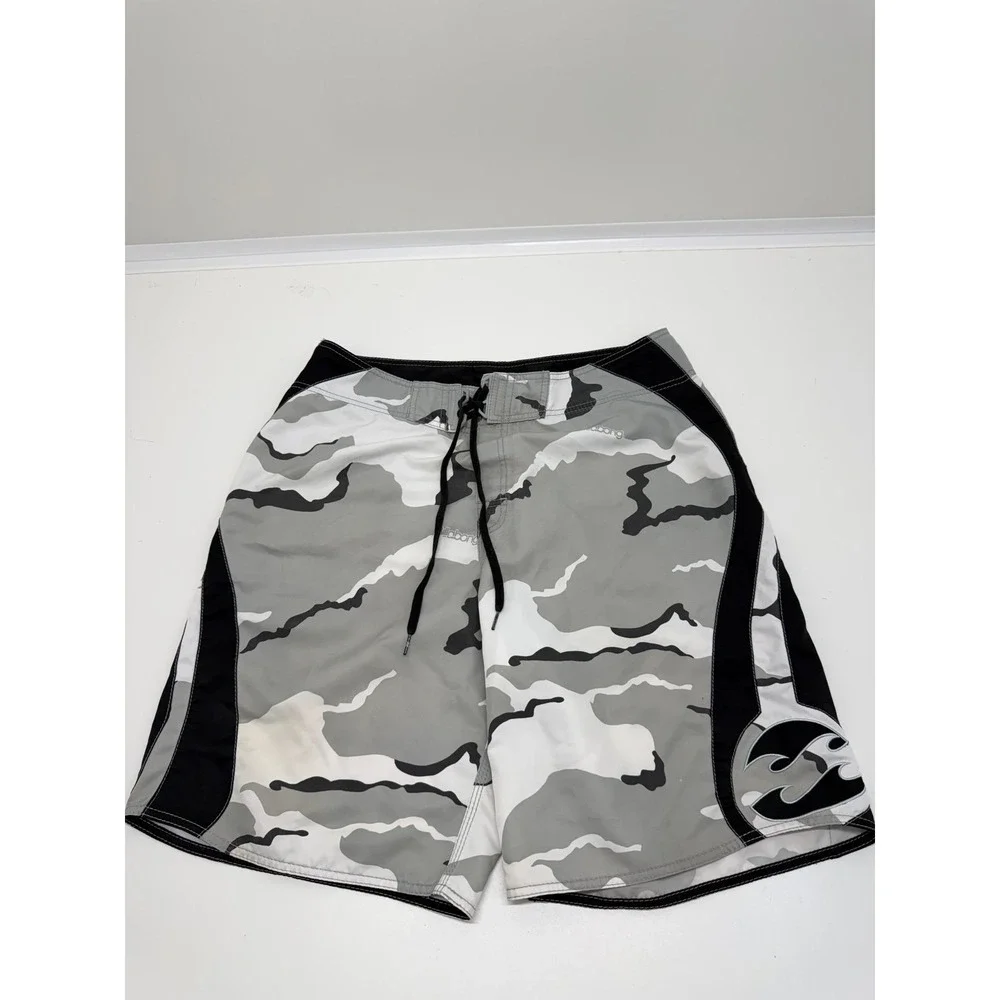 Vintage Billabong Y2K Camo Board Shorts Size 36 Gray White Black Surf Swim Trunk